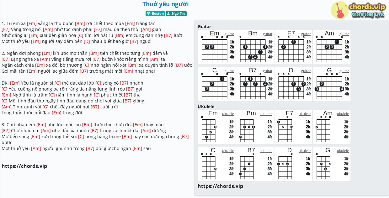 Hợp âm: Thuở yêu người - Ngô Tín - cảm âm, tab guitar, ukulele - lời bài hát | chords.vip