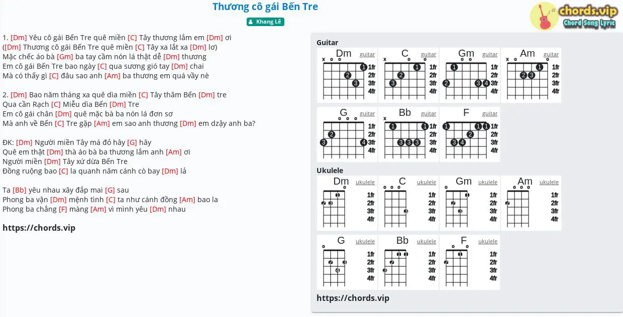 Hợp âm: Thương cô gái Bến Tre - Khang Lê - cảm âm, tab guitar, ukulele -  lời bài hát 