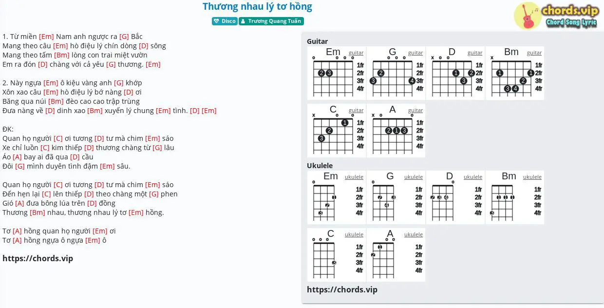 Hợp âm: Thương nhau lý tơ hồng - Trương Quang Tuấn - cảm âm, tab guitar, ukulele - lời bài hát | chords.vip