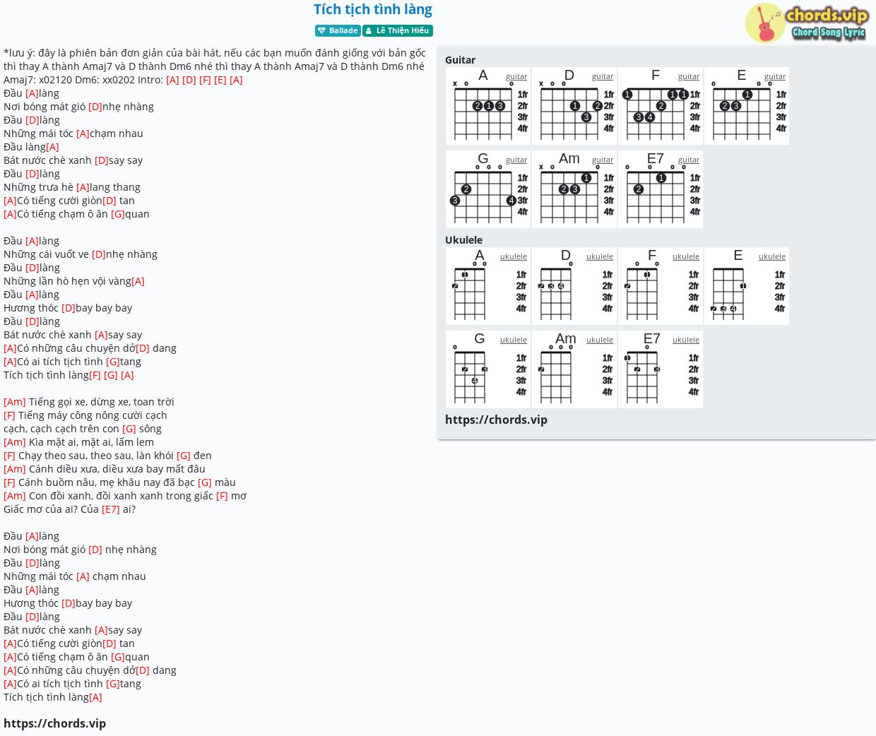 Chord Tich Tịch Tinh Lang Le Thiện Hiếu Tab Song Lyric Sheet Guitar Ukulele Chords Vip