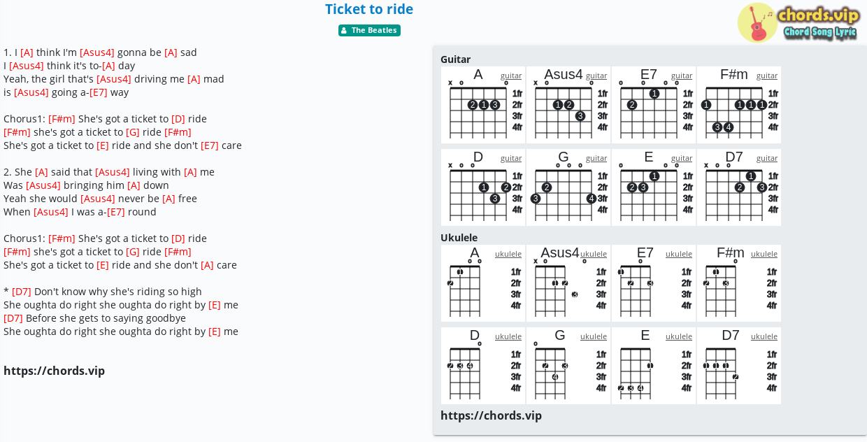 Chord: Ticket to ride - The Beatles - tab, song lyric, sheet, guitar