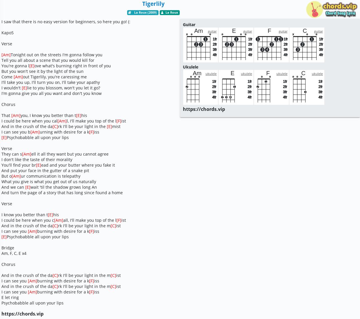 Chord Tigerlily La Roux Tab Song Lyric Sheet Guitar Ukulele Chords Vip