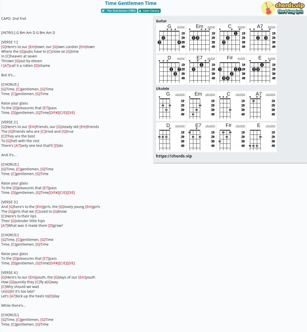 Chord: Time Gentlemen Time Liam Clancy tab, song sheet, guitar, ukulele |