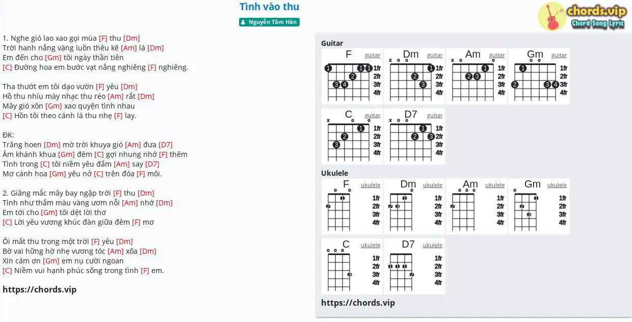 Sheet: Tình vào thu - Nguyễn Tâm Hàn - song lyric, sheet | chords.vip