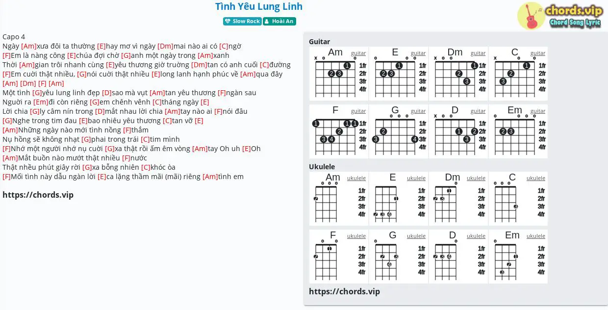 Hợp âm: Tình Yêu Lung Linh - Hoài An - cảm âm, tab guitar, ukulele - lời bài hát | chords.vip