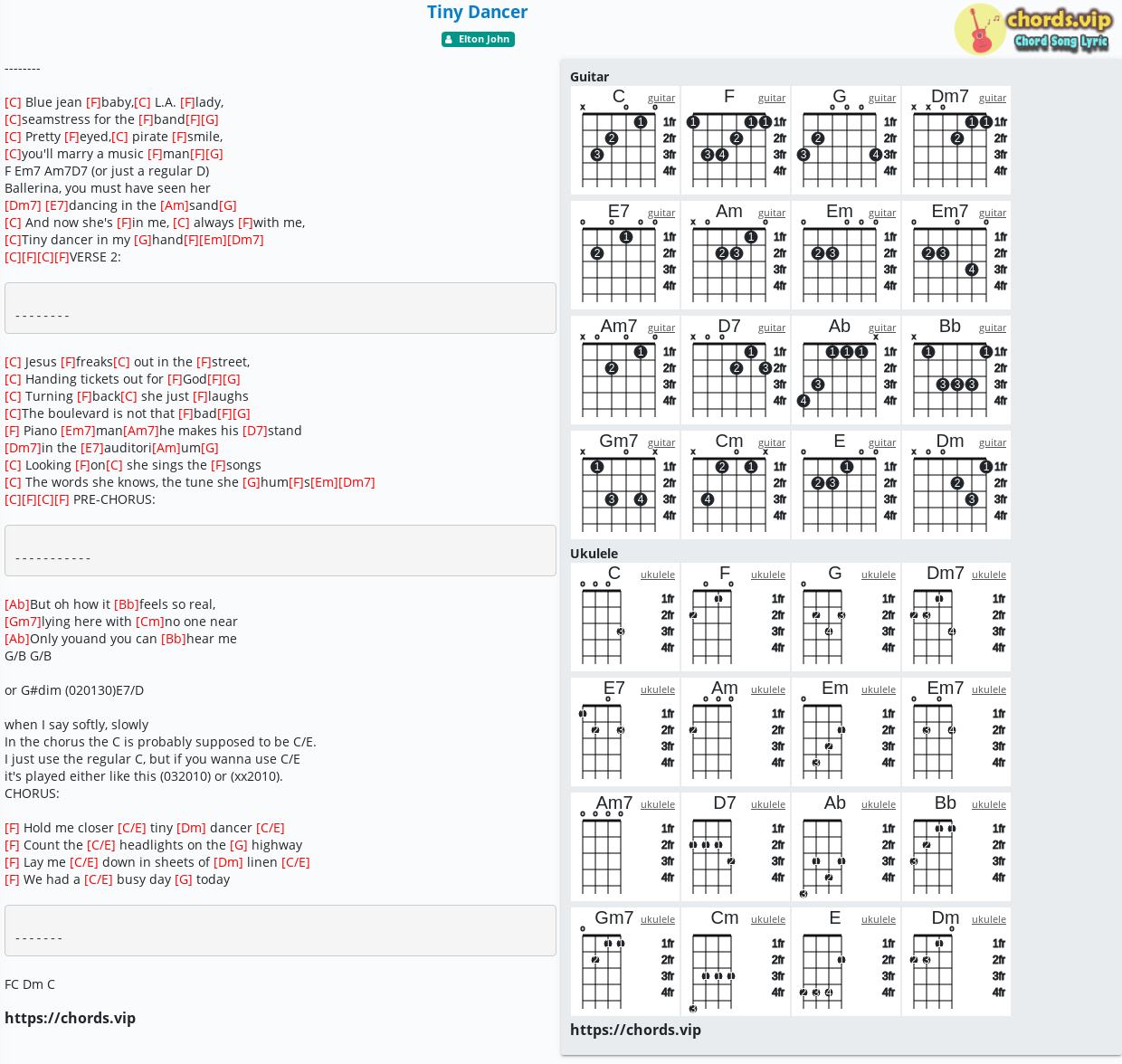 Botanik Gladys last Chord: Tiny Dancer - Elton John - tab, song lyric, sheet, guitar, ukulele |  chords.vip