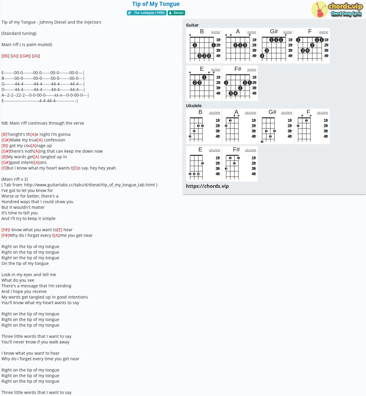 Chord Tip Of My Tongue Diesel Tab Song Lyric Sheet Guitar Ukulele Chords Vip