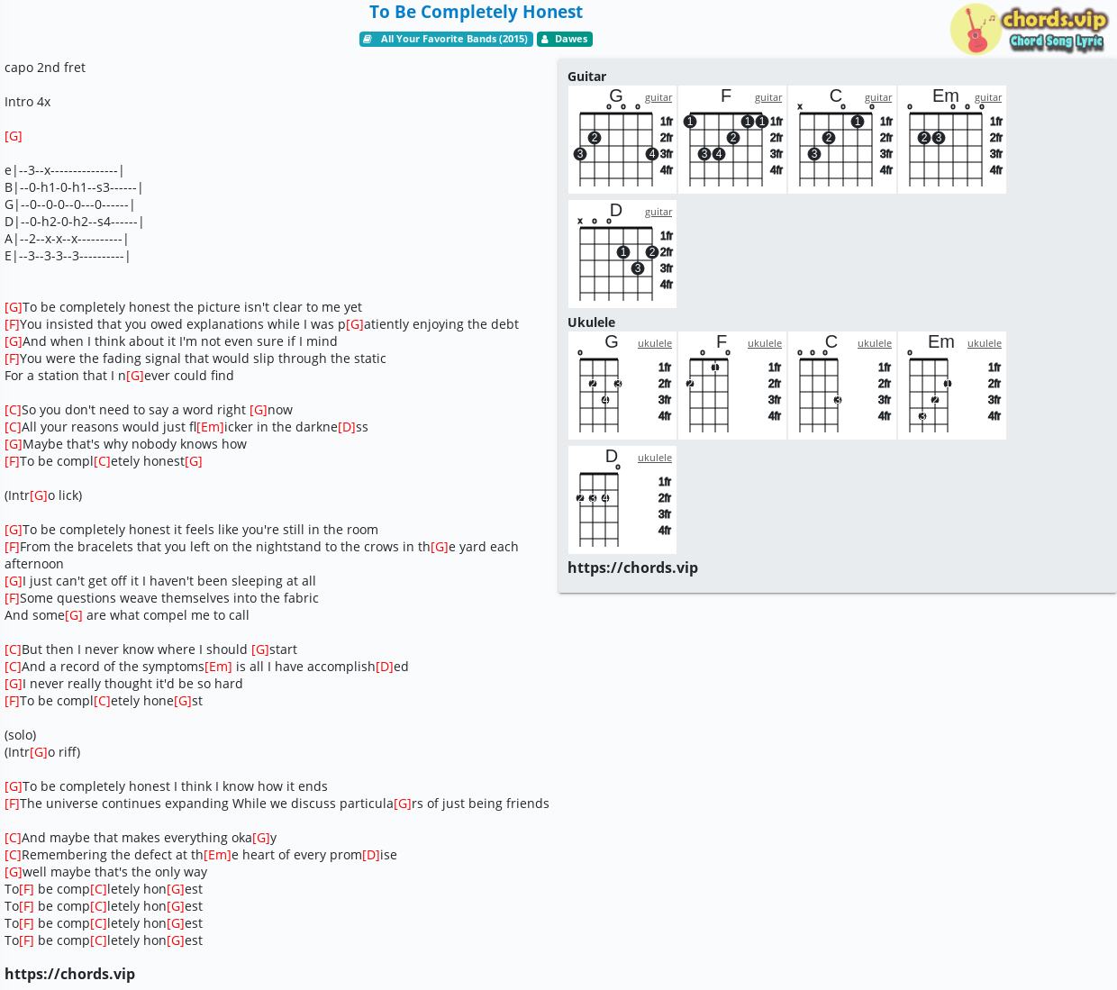 Chord To Be Completely Honest Dawes Tab Song Lyric Sheet Guitar Ukulele Chords Vip