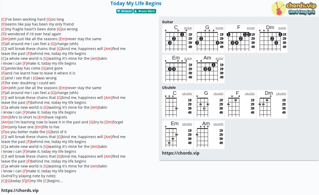 Chord: Today My Life Begins - Bruno Mars - Tab, Song Lyric, Sheet, Guitar, Ukulele | Chords.vip