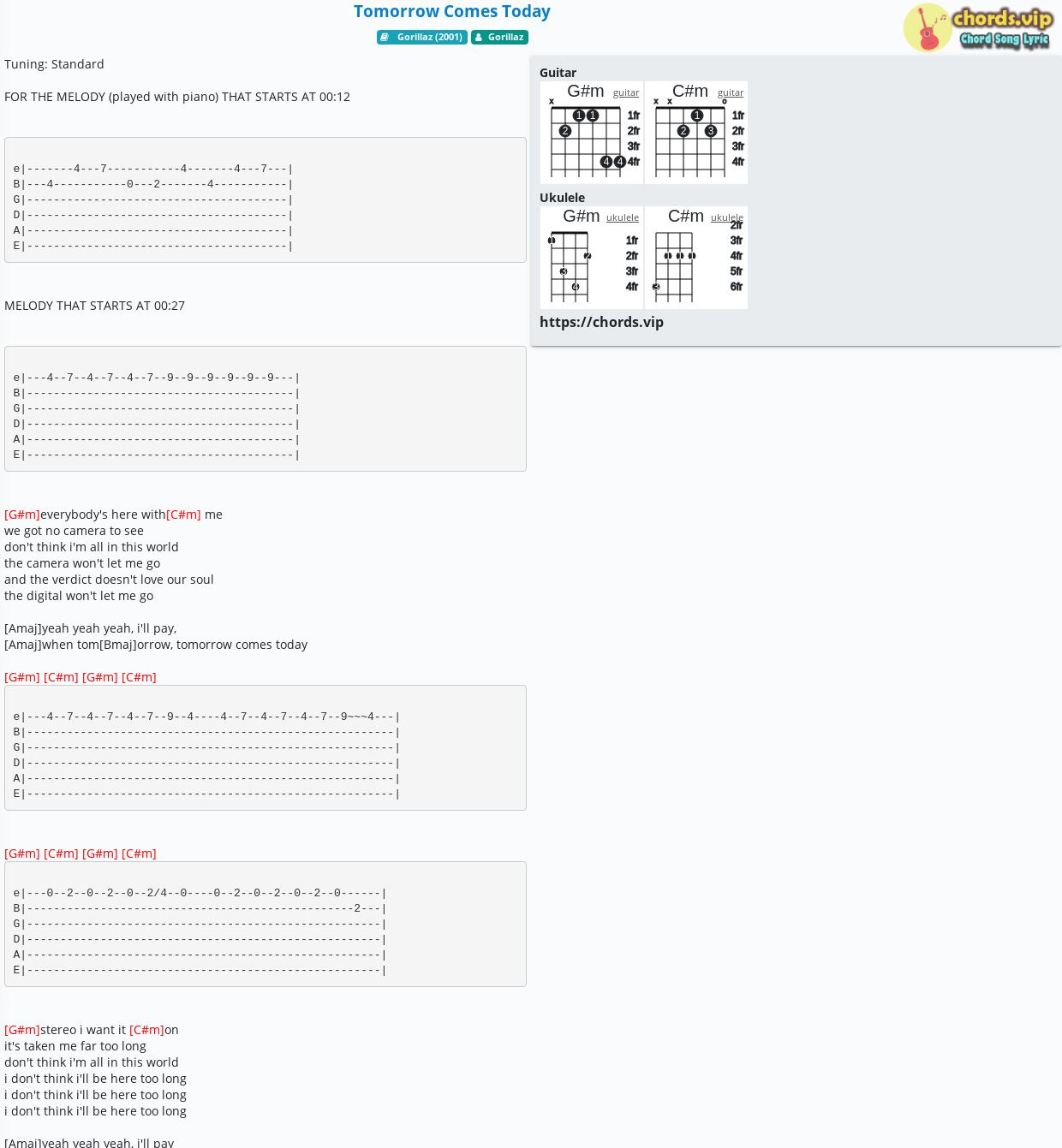 Chord Tomorrow Comes Today Gorillaz tab, song lyric, sheet, guitar