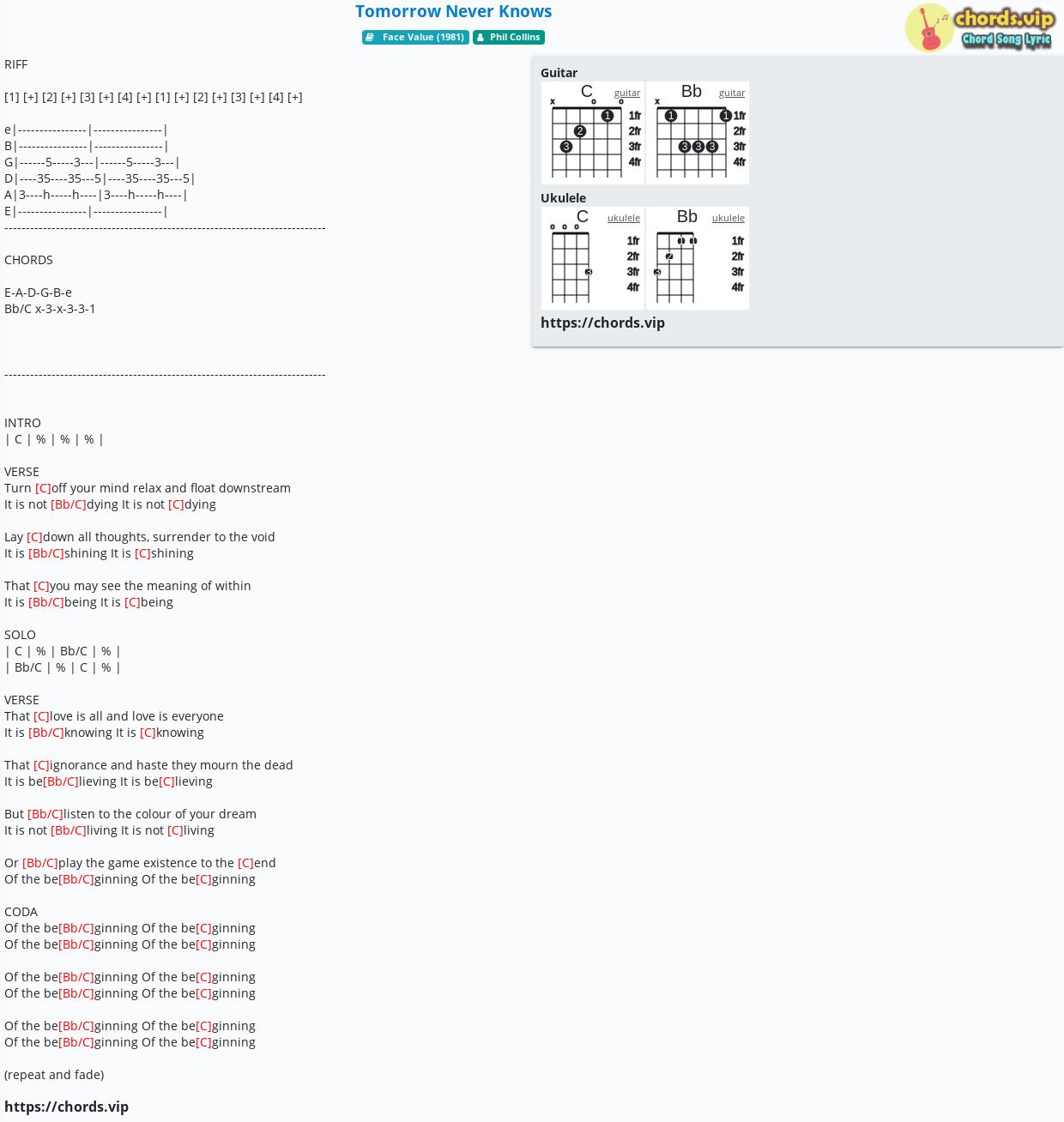 Chord Tomorrow Never Knows The Beatles Phil Collins Tab Song Lyric Sheet Guitar Ukulele Chords Vip