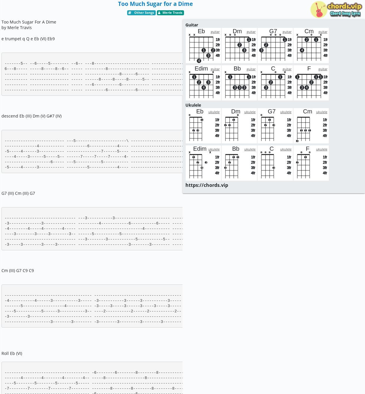 Chord: Too Much Sugar for a Dime - Merle Travis - tab, song lyric