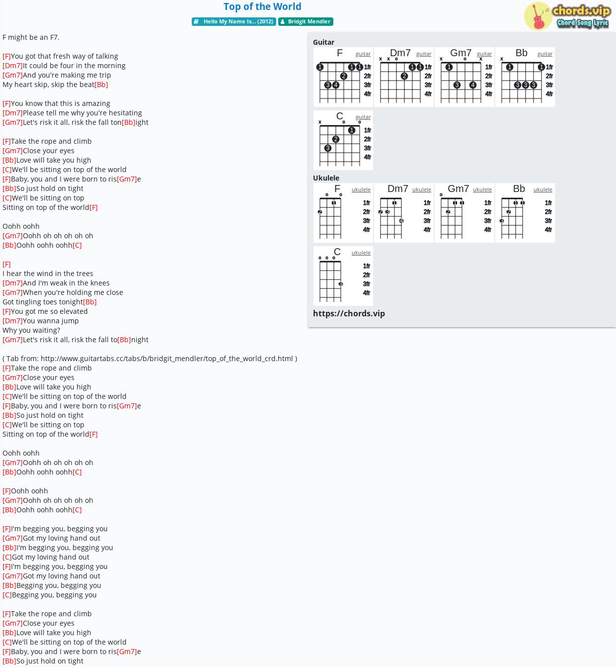 On Top Of Your World - Guitar Chords/Lyrics