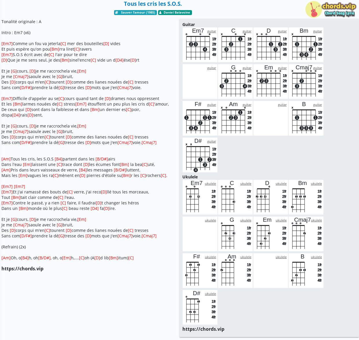 Chord Tous Les Cris Les S O S Daniel Balavoine Tab Song Lyric Sheet Guitar Ukulele Chords Vip