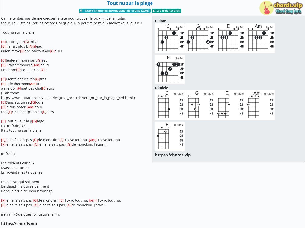Chord Tout Nu Sur La Plage Les Trois Accords Tab Song Lyric Sheet Guitar Ukulele Chords Vip