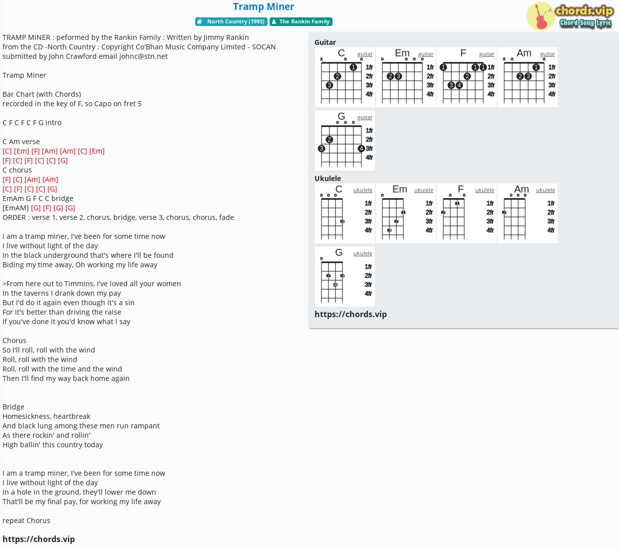 Chord Tramp Miner The Rankin Family Tab Song Lyric Sheet Guitar Ukulele Chords Vip