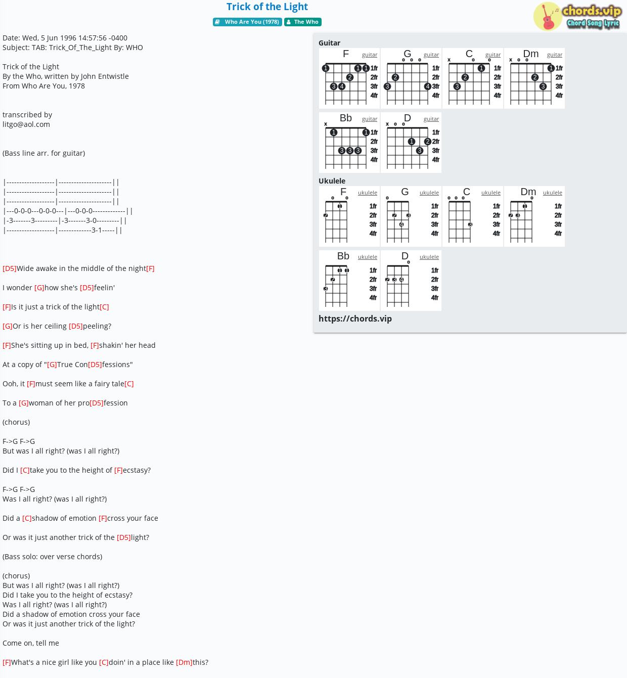 Chord: Trick of the Light - The Who - tab, song sheet, guitar, ukulele | chords.vip