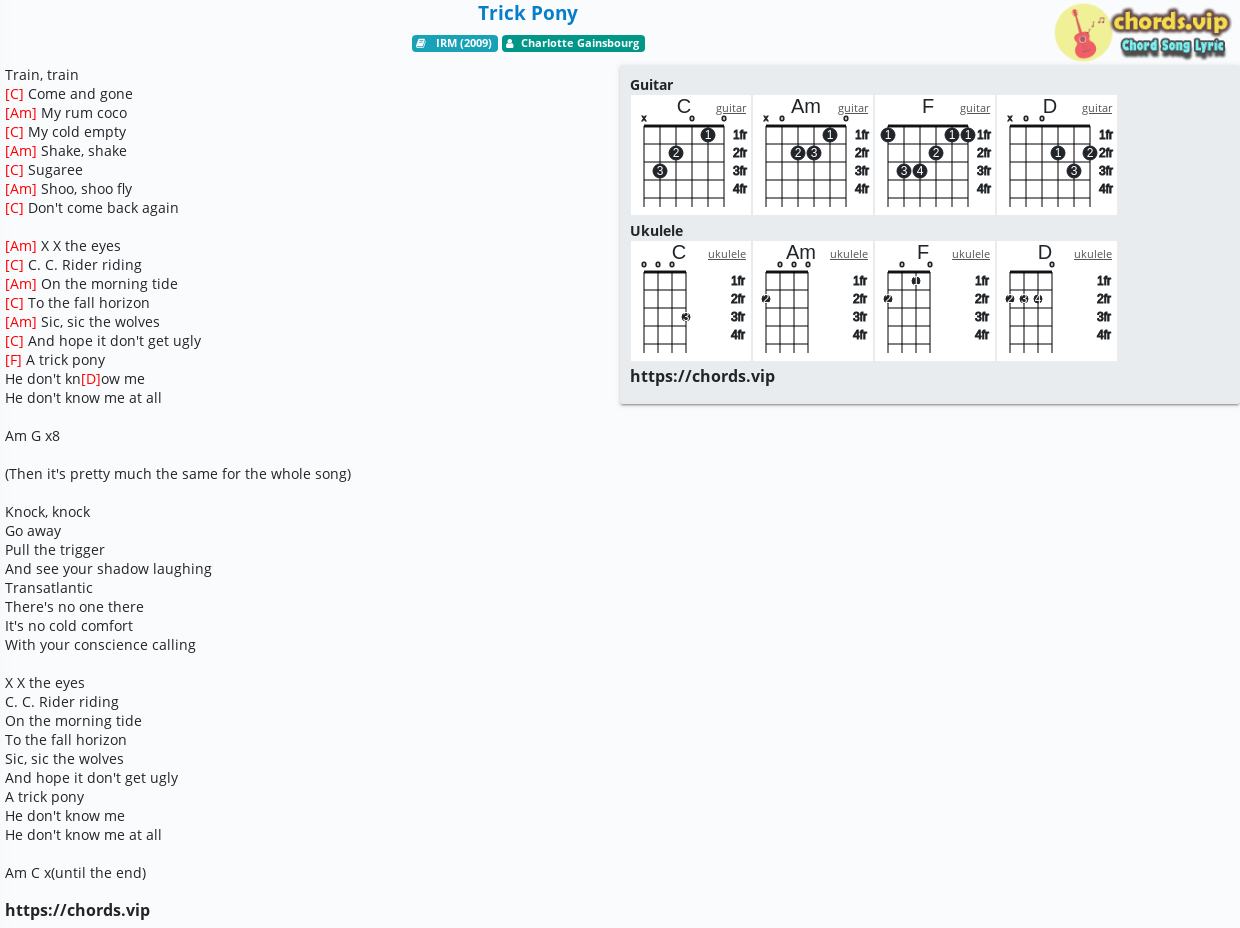 Chord Trick Pony Charlotte Gainsbourg Tab Song Lyric Sheet Guitar Ukulele Chords Vip