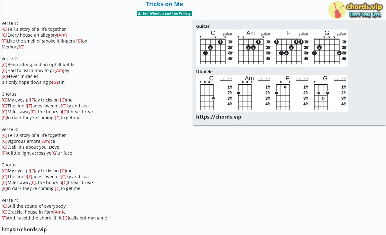 Chord Tricks On Me Jed Whedon And The Willing Tab Song Lyric Sheet Guitar Ukulele Chords Vip