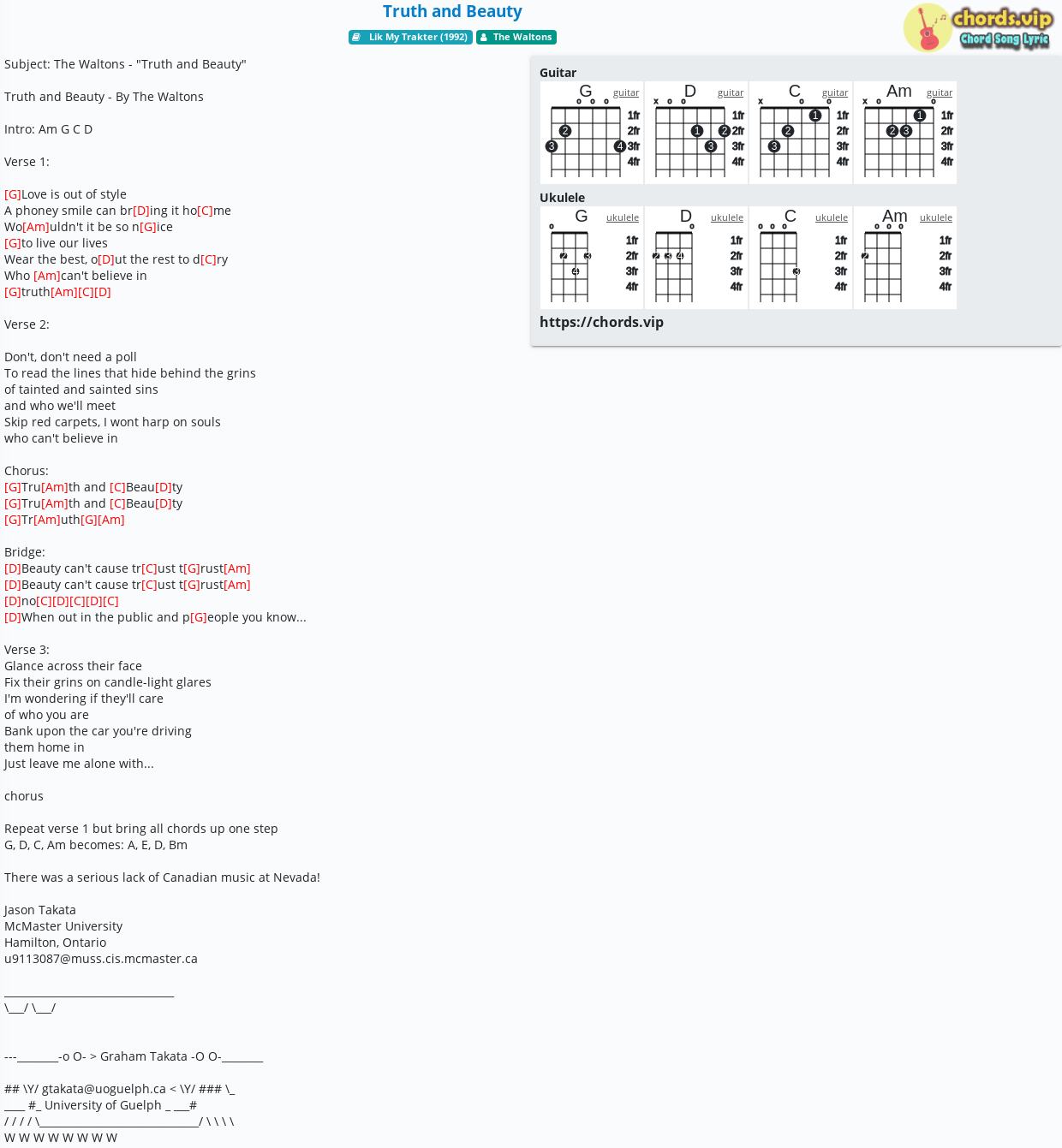 Chord Truth And Beauty The Waltons Tab Song Lyric Sheet Guitar Ukulele Chords Vip