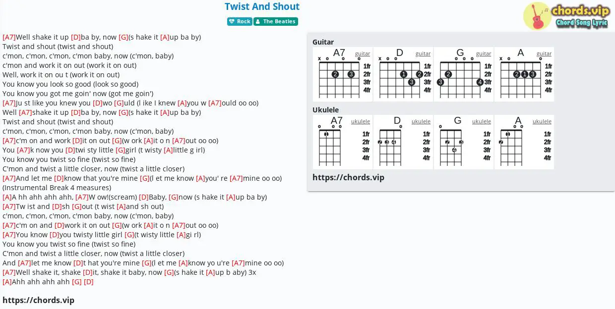 Chord: Twist And Shout The - tab, song lyric, sheet, guitar, ukulele chords.vip