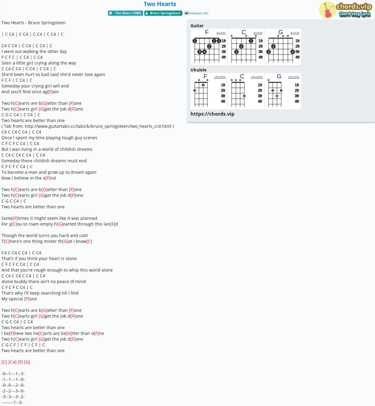 Chord Two Hearts Bruce Springsteen Tab Song Lyric Sheet Guitar Ukulele Chords Vip