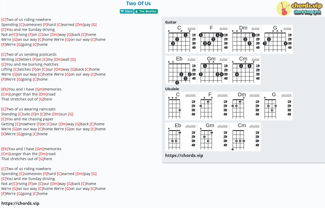 Chord Two Of Us The Beatles Tab Song Lyric Sheet Guitar Ukulele Chords Vip