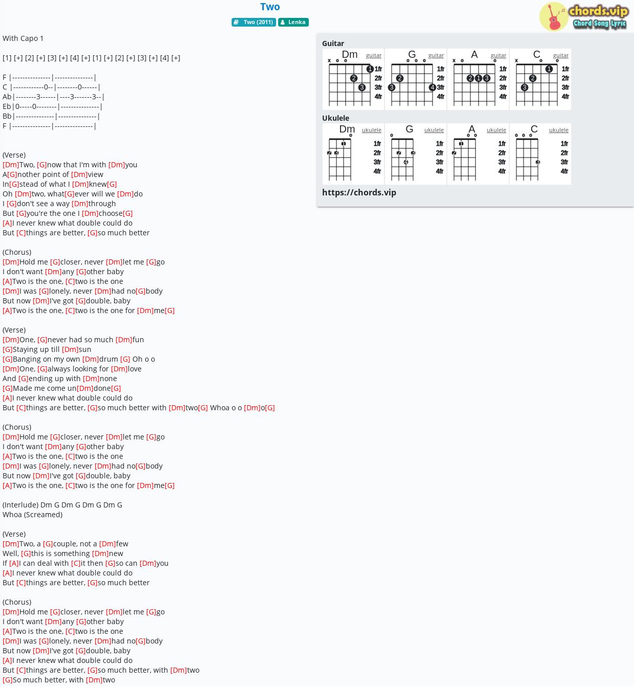 Chord Two Lenka Tab Song Lyric Sheet Guitar Ukulele Chords Vip