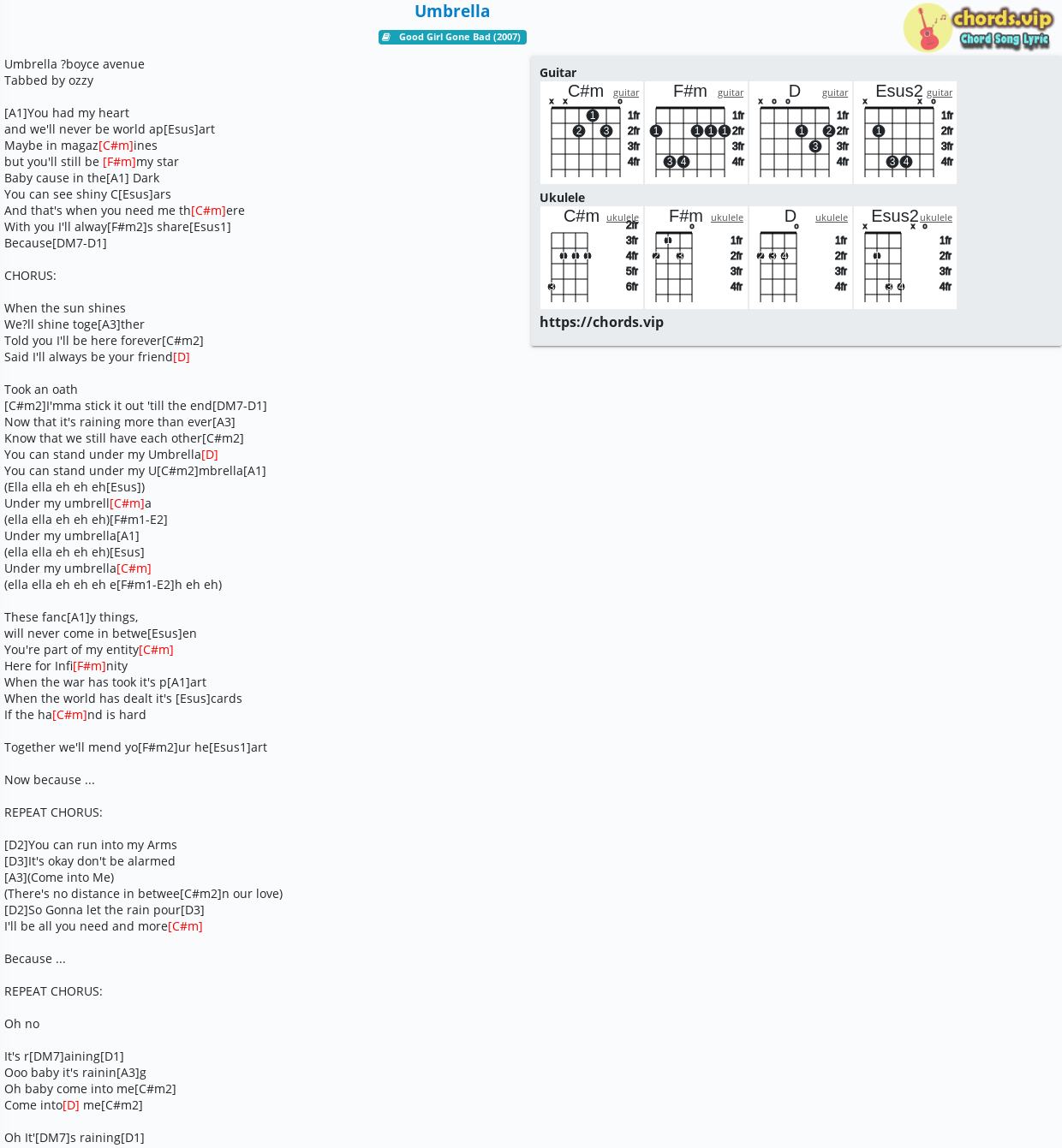 Chord: Umbrella - tab, song lyric, sheet, guitar, ukulele | chords.vip