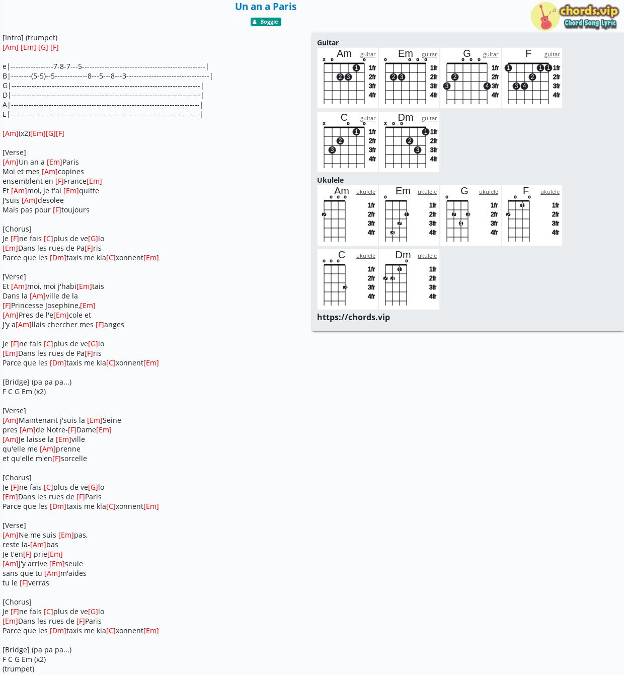 Chord Un An A Paris Boggie Tab Song Lyric Sheet Guitar Ukulele Chords Vip