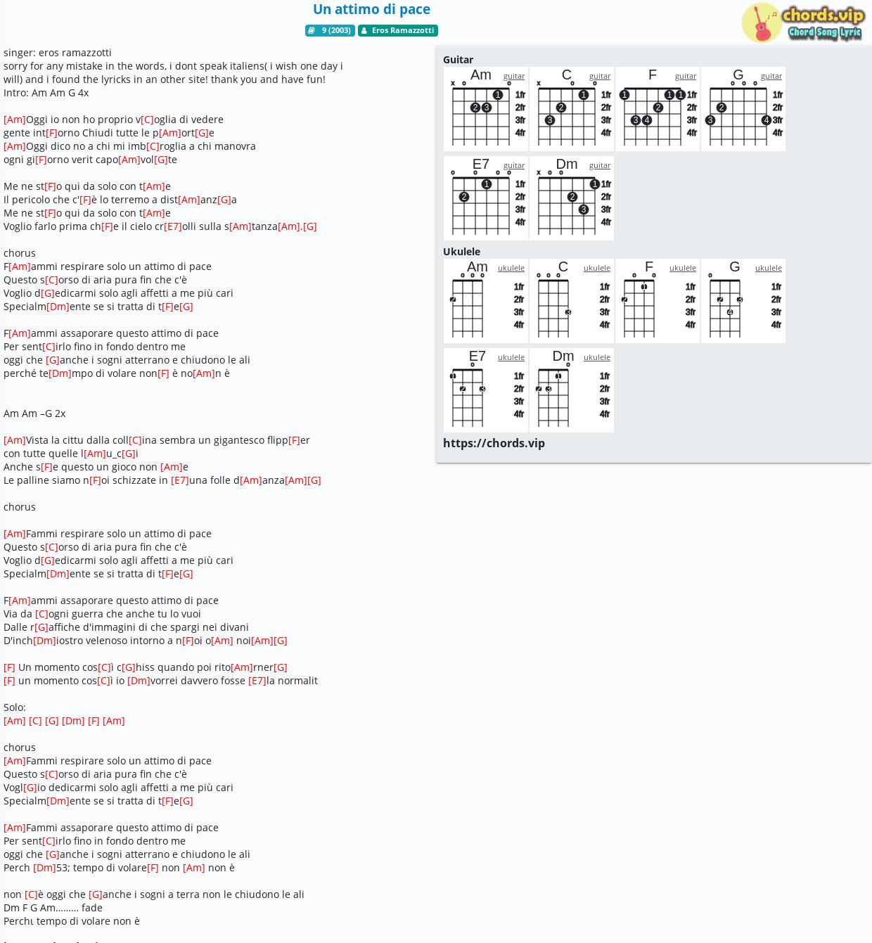 Hợp Am Un Attimo Di Pace Eros Ramazzotti Cảm Am Tab Guitar Ukulele Lời Bai Hat Chords Vip