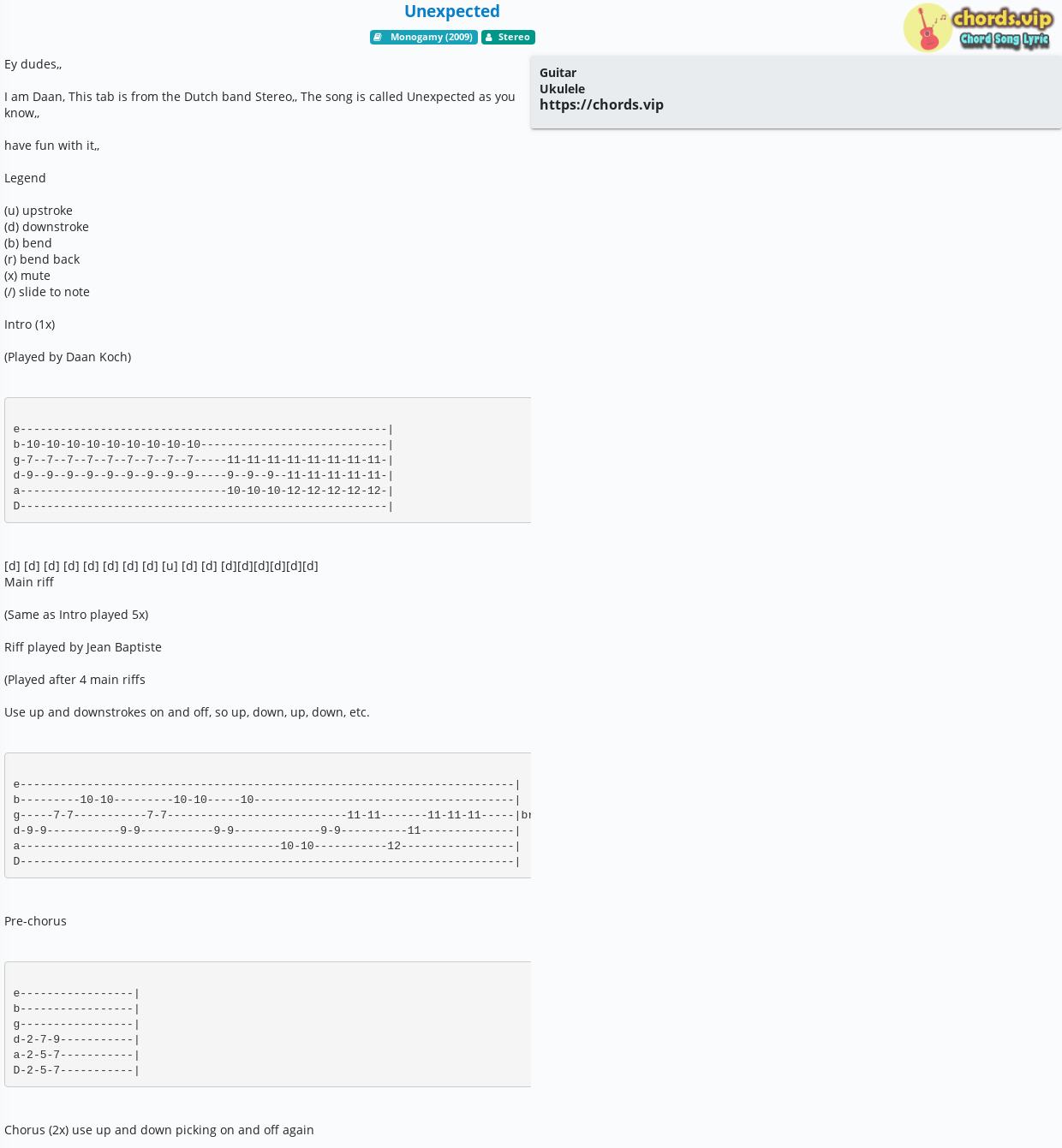 Chord Unexpected Stereo Tab Song Lyric Sheet Guitar Ukulele Chords Vip