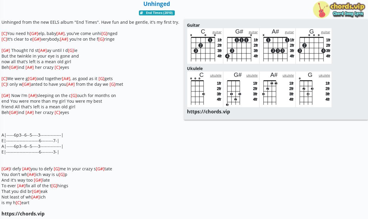 Chord Unhinged Eels Eels Tab Song Lyric Sheet Guitar Ukulele Chords Vip
