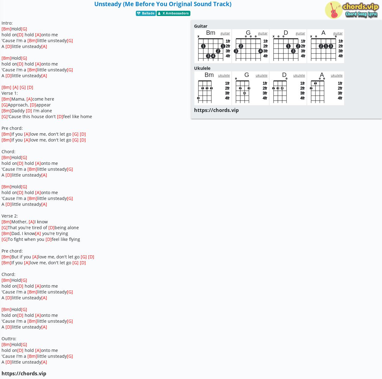 Chord Unsteady Me Before You Original Sound Track X Ambassadors Tab Song Lyric Sheet Guitar Ukulele Chords Vip
