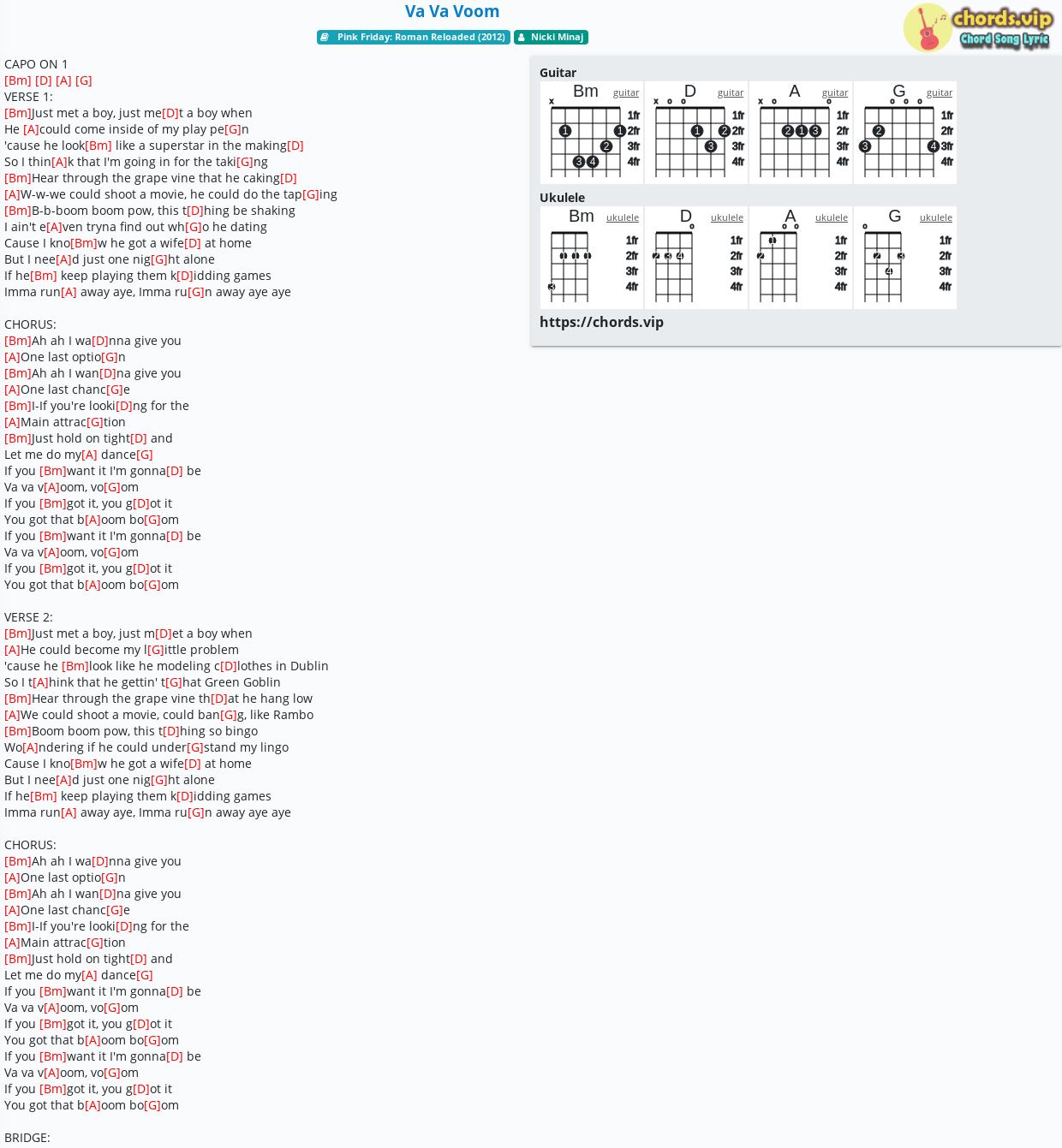 Chord Va Va Voom Nicki Minaj Tab Song Lyric Sheet Guitar Ukulele Chords Vip