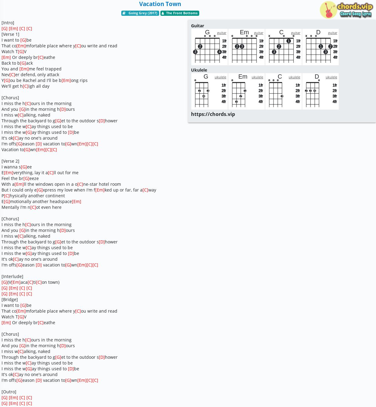 Chord Vacation Town The Front Bottoms Tab Song Lyric Sheet Guitar Ukulele Chords Vip