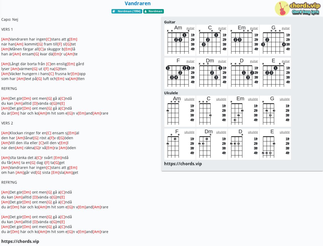 Chord Vandraren Nordman Tab Song Lyric Sheet Guitar Ukulele Chords Vip