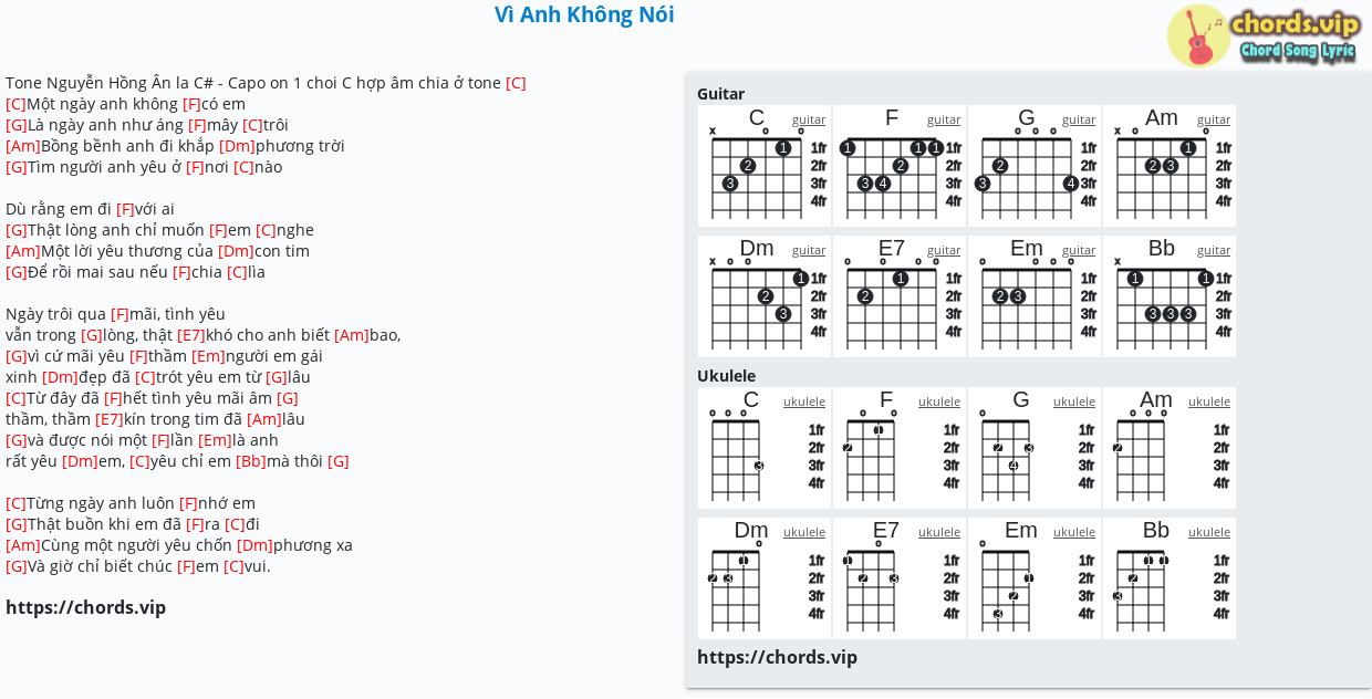Chord Vi Anh Khong Noi Tab Song Lyric Sheet Guitar Ukulele Chords Vip