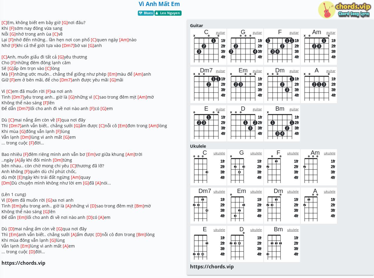 Chord Vi Anh Mất Em Leo Nguyen Tab Song Lyric Sheet Guitar Ukulele Chords Vip