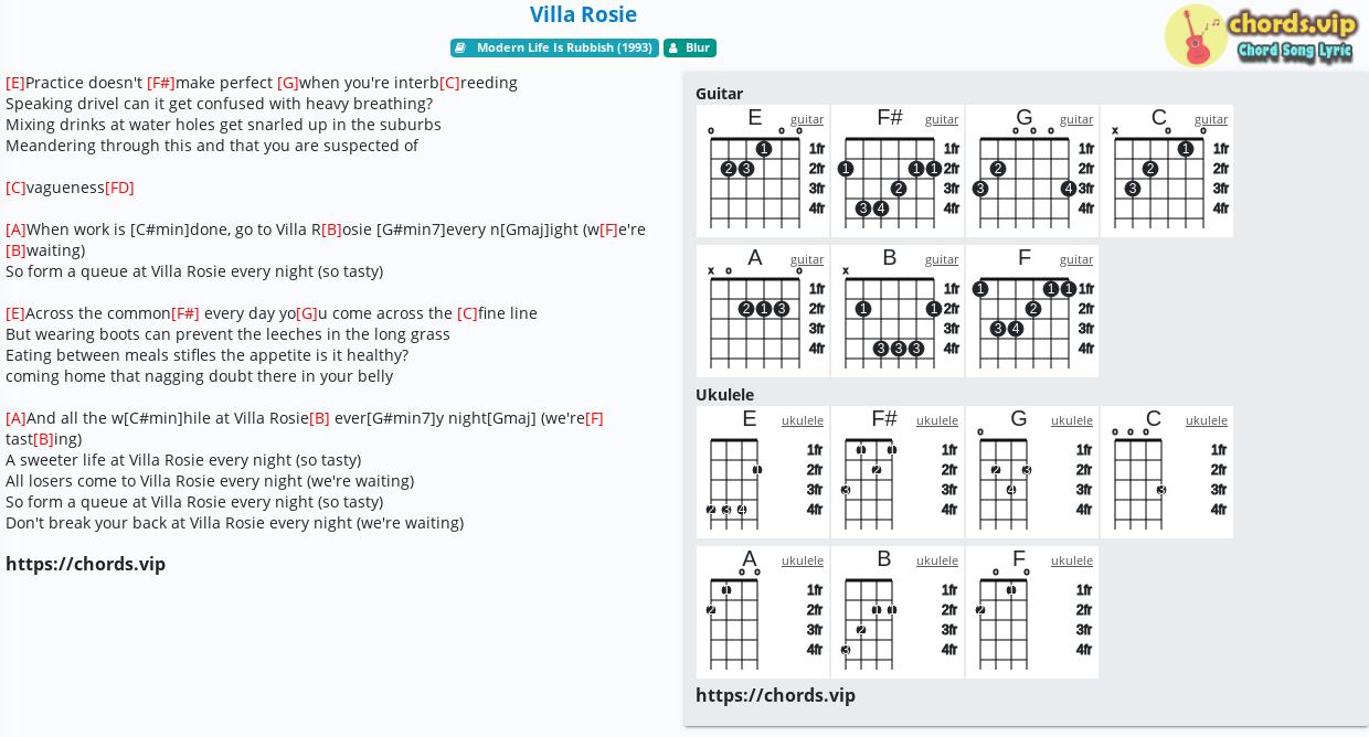 Chord Villa Rosie Blur Tab Song Lyric Sheet Guitar Ukulele Chords Vip