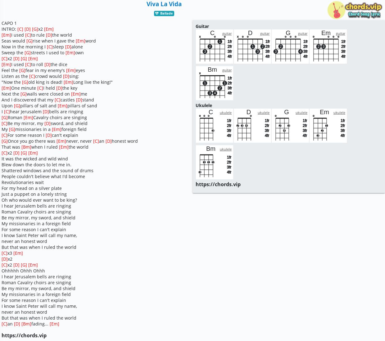 Chord Viva La Vida đang Cập Nhật Tab Song Lyric Sheet Guitar Ukulele Chords Vip