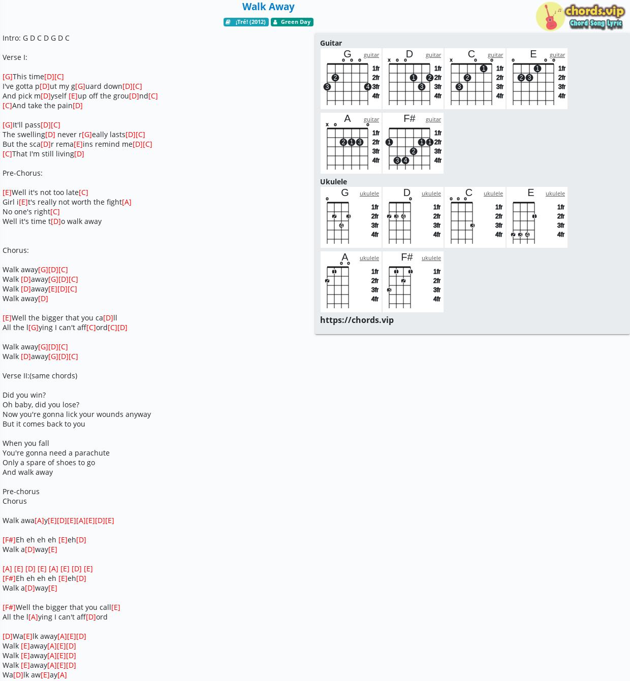 Chord Walk Away Green Day Tab Song Lyric Sheet Guitar Ukulele Chords Vip