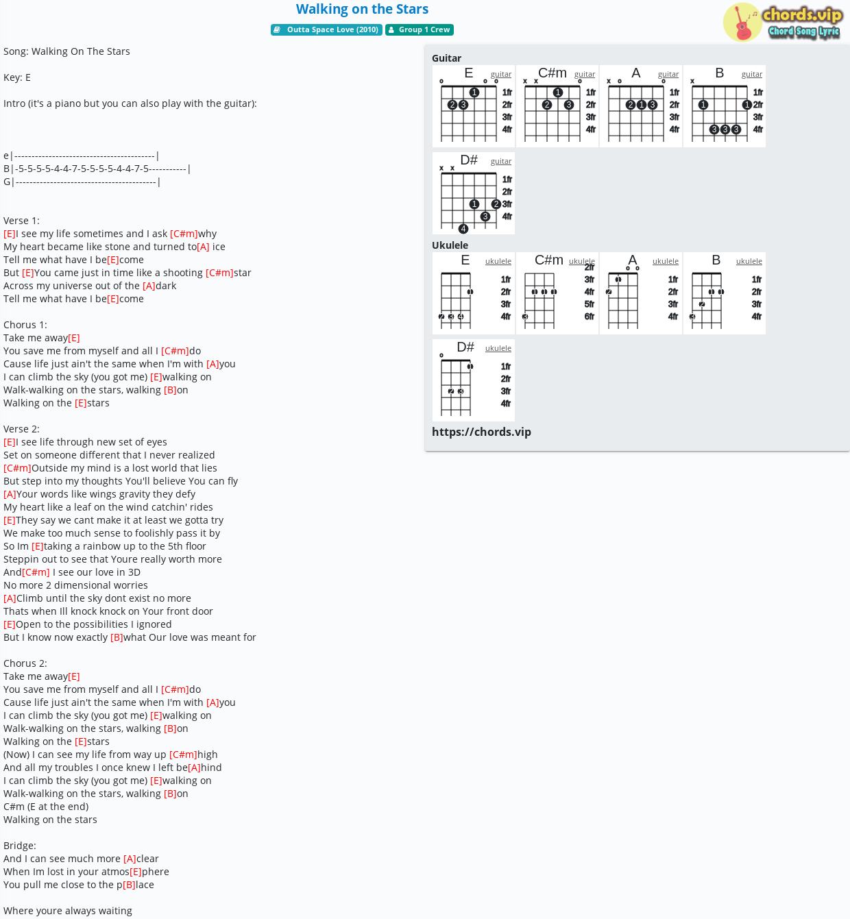 Chord Walking On The Stars Group 1 Crew Tab Song Lyric Sheet Guitar Ukulele Chords Vip