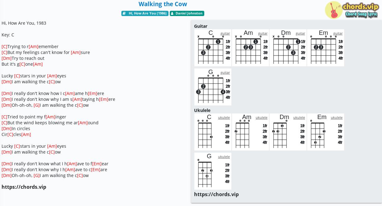 Chord Walking The Cow Daniel Johnston Tab Song Lyric Sheet Guitar Ukulele Chords Vip