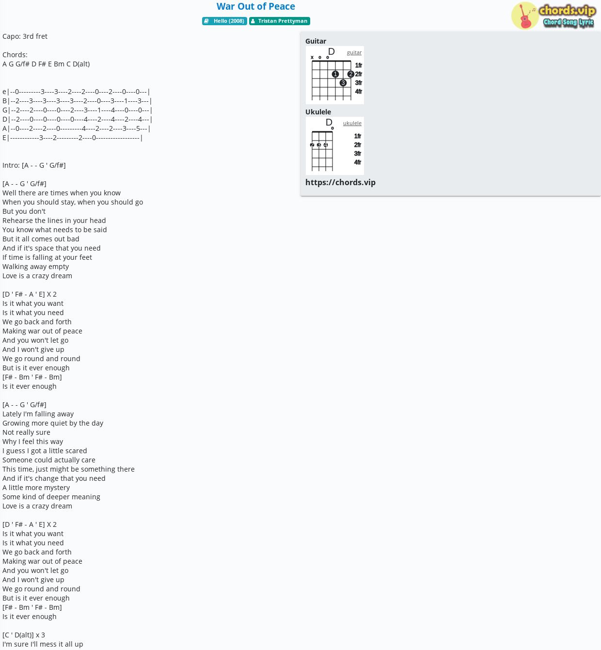 Chord War Out Of Peace Tristan Prettyman Tab Song Lyric Sheet Guitar Ukulele Chords Vip