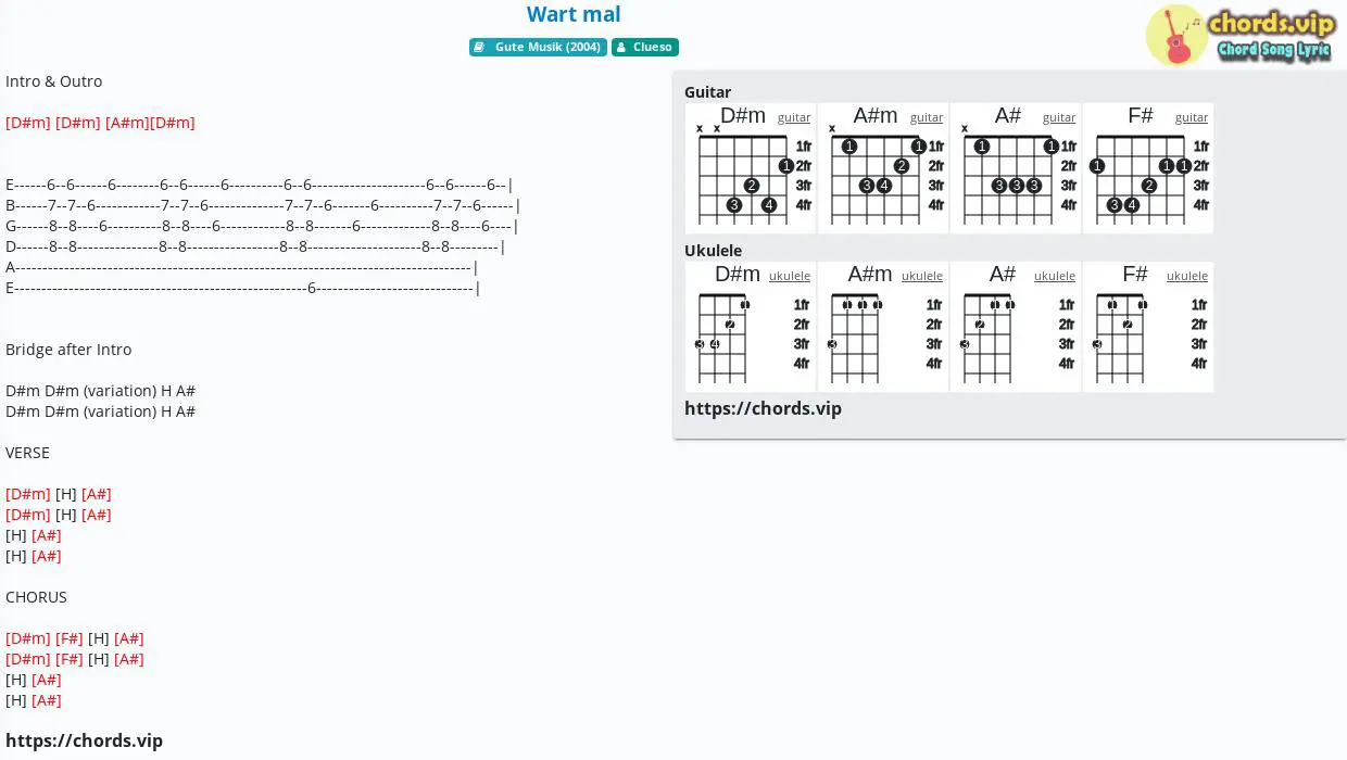 Chord: Wart mal - Clueso - tab, song lyric, sheet, guitar, ukulele | chords .vip