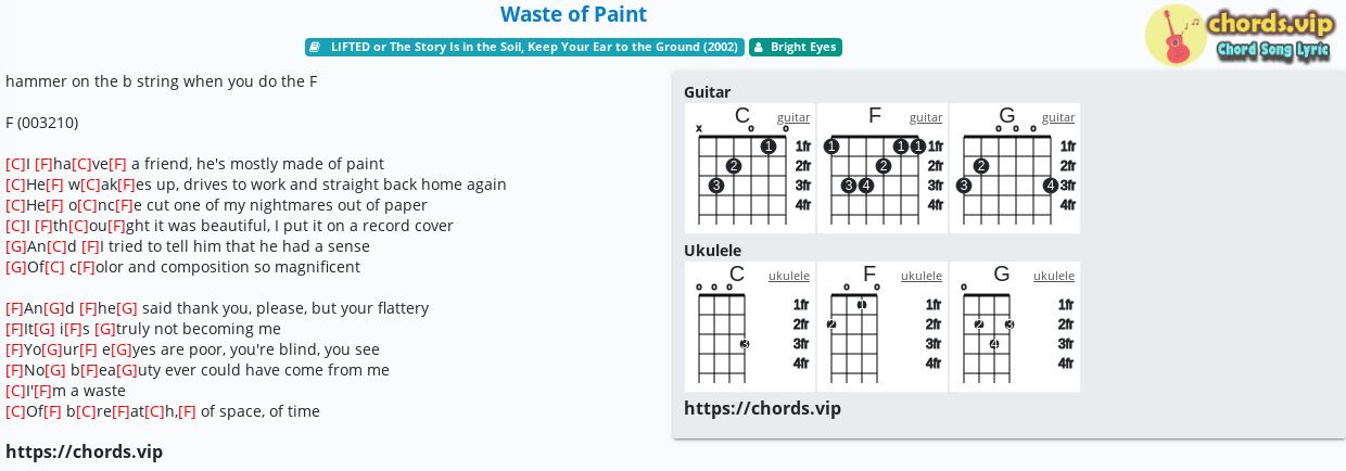 Chord Waste Of Paint Bright Eyes Tab Song Lyric Sheet Guitar Ukulele Chords Vip