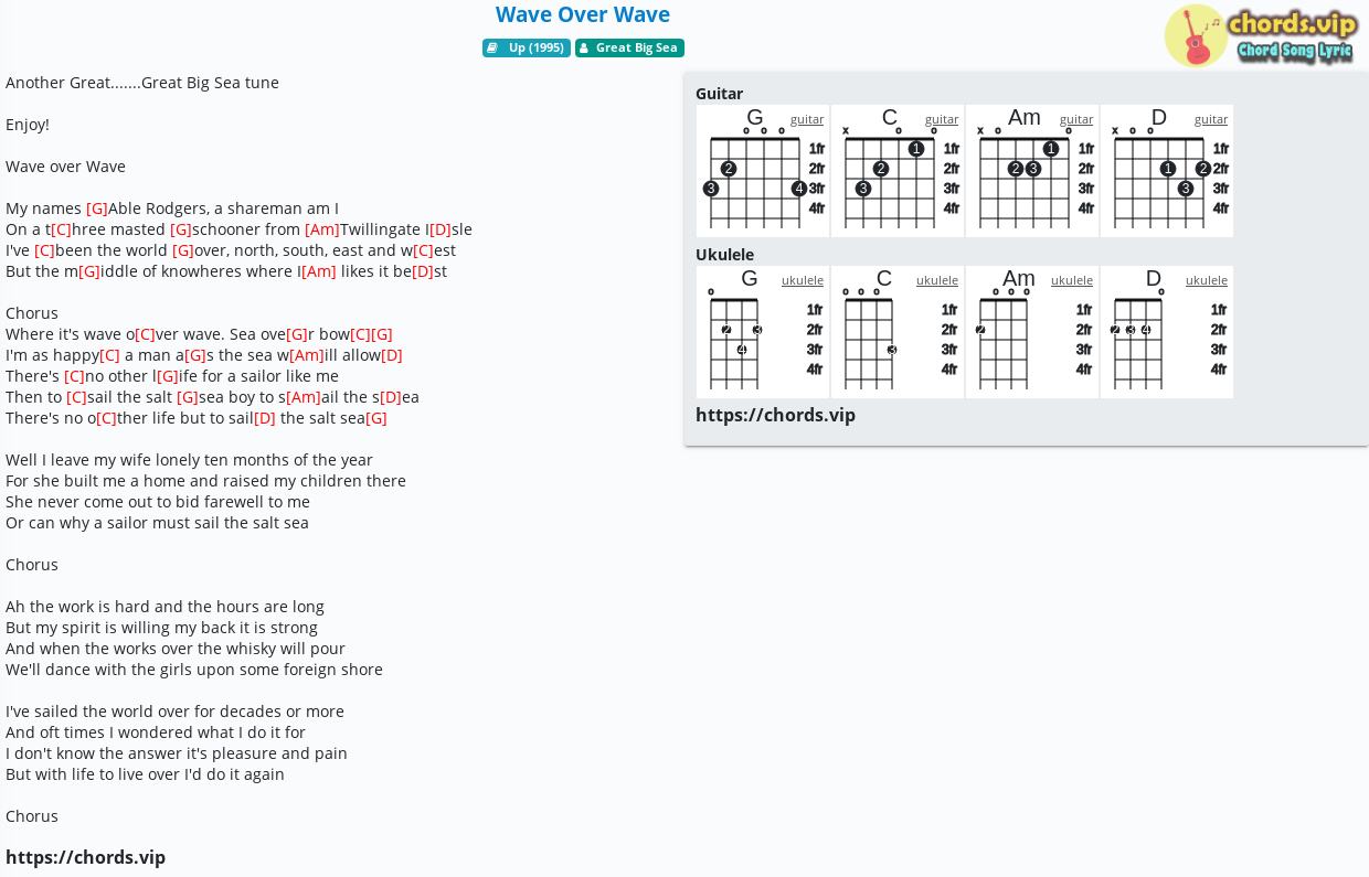 Chord Wave Over Wave Great Big Sea Tab Song Lyric Sheet Guitar Ukulele Chords Vip