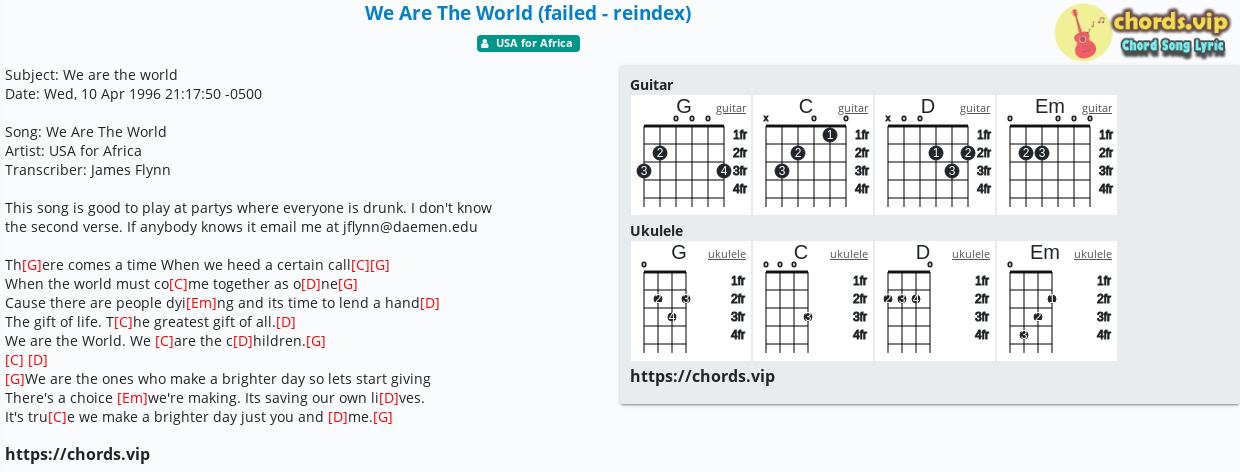 Chord We Are The World Failed Reindex Usa For Africa Tab Song Lyric Sheet Guitar Ukulele Chords Vip