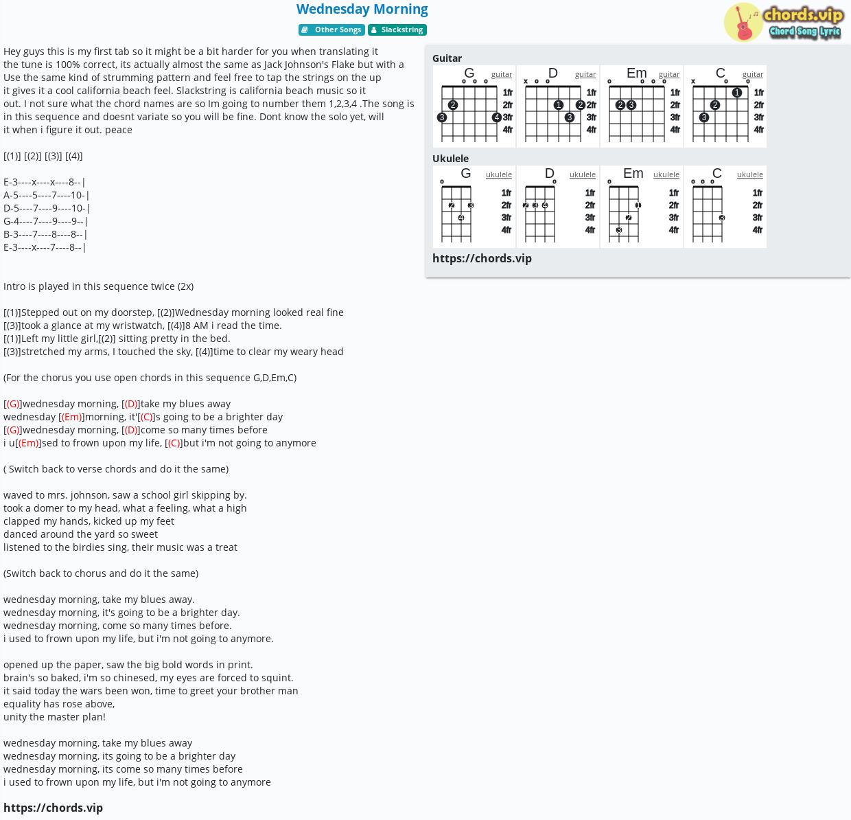 Chord Wednesday Morning Slackstring Tab Song Lyric Sheet Guitar Ukulele Chords Vip